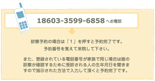 診療予約専用電話18603-3599-6858にかけ「1」を押すと予約完了。